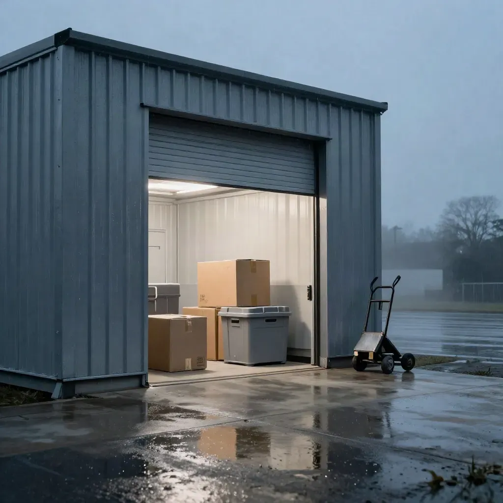 Half-raised drive-up storage unit glows in blue-hour mist with boxes, tote and dolly.