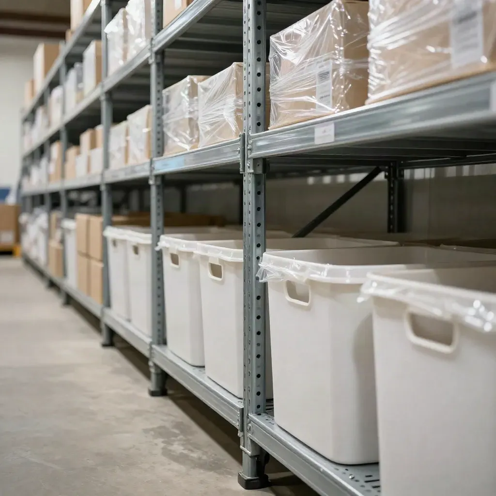 Steel shelving, shrink-wrapped cartons, and storage totes in a deep inventory bay.
