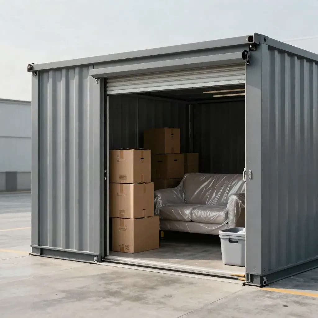 Open drive-up storage unit with boxes, wrapped sofa and bin on a concrete apron in soft light.