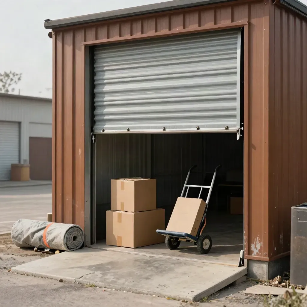 Open 8x12 drive-up storage unit with boxes, hand truck and tarp at the threshold.
