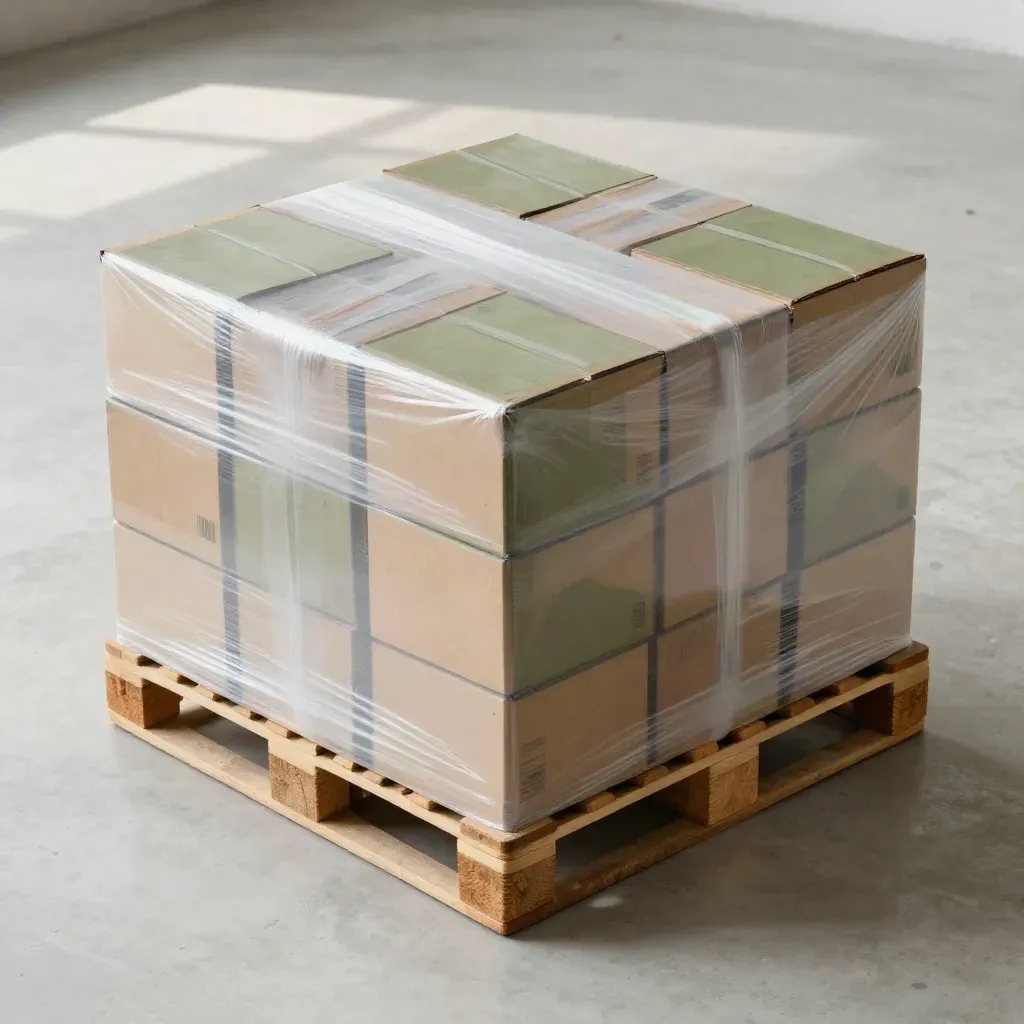 Overhead flatlay of shrink-wrapped cartons on a wooden pallet with corner boards and wrap.