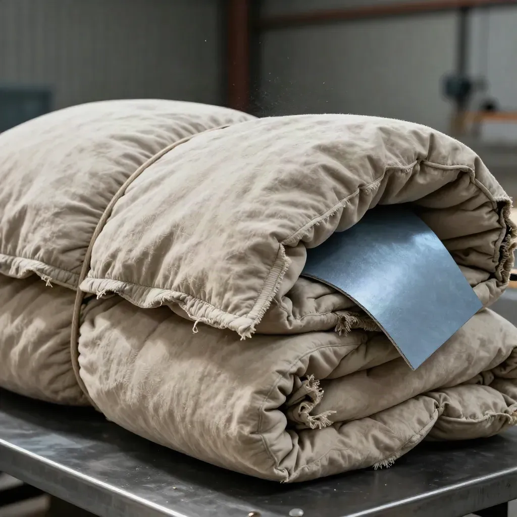 Heavy moving blankets tied with twine on a dark studio surface, quilted layers and dust lit from above.