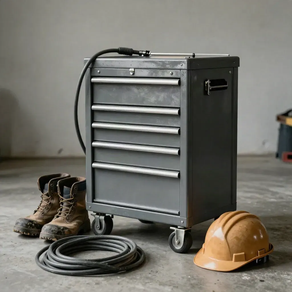 Tool locker with boots, cord, and hard hat in a hazy garage