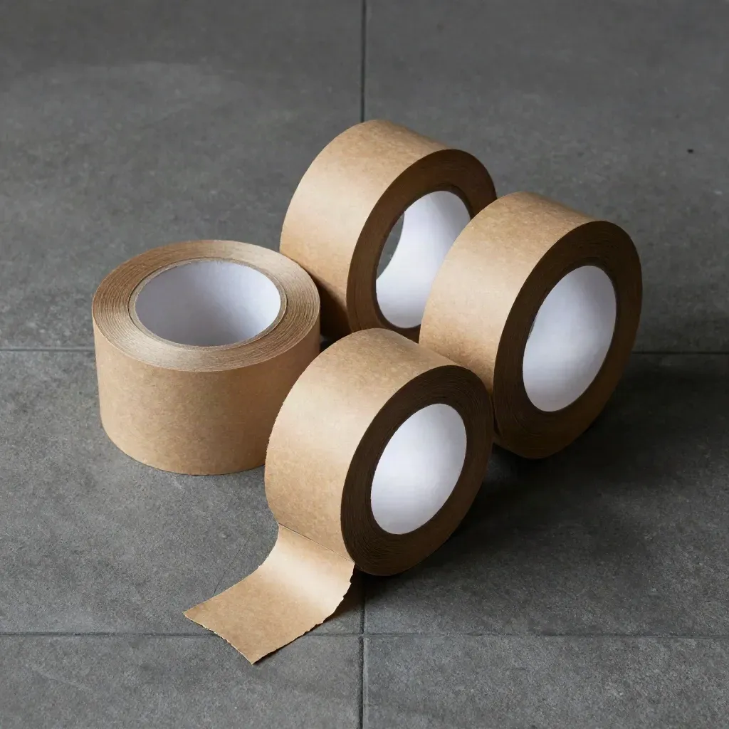 Three rolls of packing tape on charcoal concrete, one tipping forward in a precise overhead flatlay.