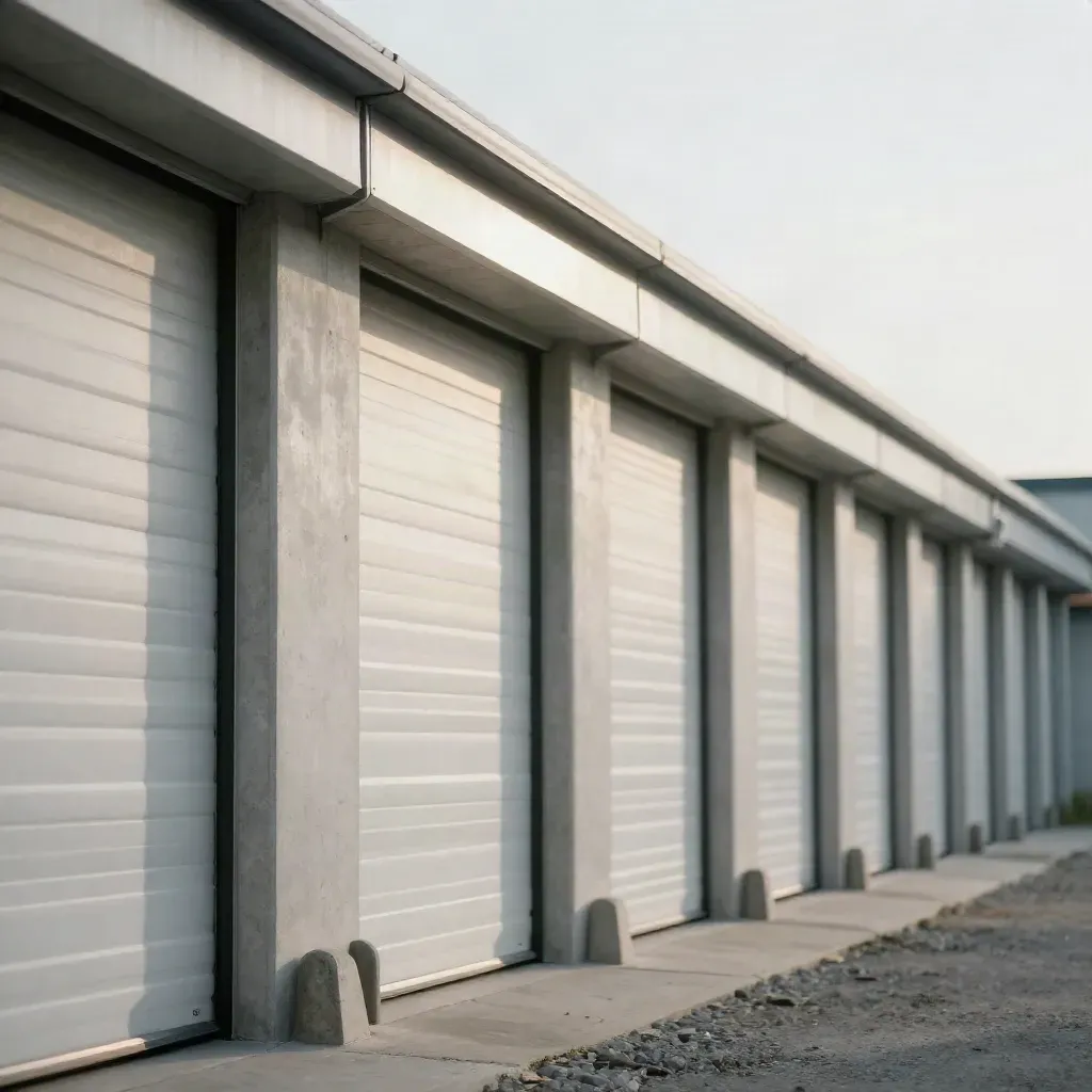Sunlit drive-up bay doors in a quiet storage corridor with calm concrete foreground and haze